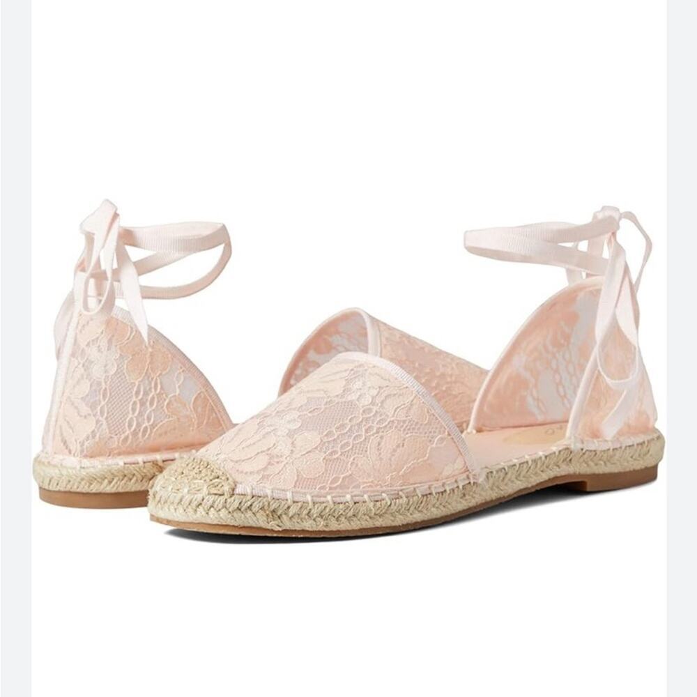 Jewel by Badgley mischka pink lace Devisha espadrille wrap around tie ankle sz 8
